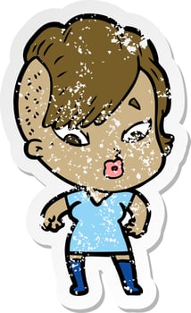 distressed sticker of a cartoon surprised girl vector