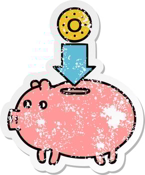 distressed sticker of a cute cartoon piggy bank vector