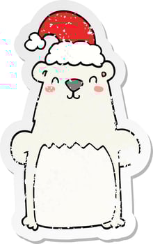 distressed sticker of a cartoon bear wearing christmas hat vector