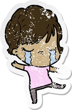 distressed sticker of a cartoon woman crying vector