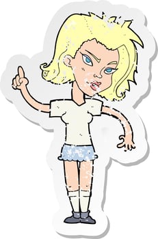 retro distressed sticker of a cartoon woman with idea vector