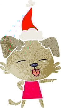 retro cartoon of a dog sticking out tongue wearing santa hat vector