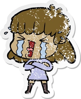 distressed sticker of a cartoon woman in tears vector