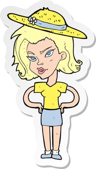 sticker of a cartoon woman in summer hat vector