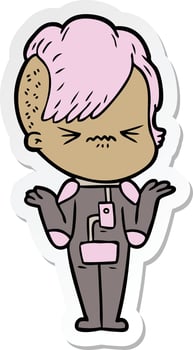 sticker of a cartoon annoyed hipster girl wearing space suit vector
