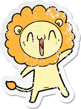 distressed sticker of a happy cartoon lion vector