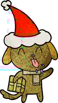cute textured cartoon of a dog with christmas present wearing santa hat vector