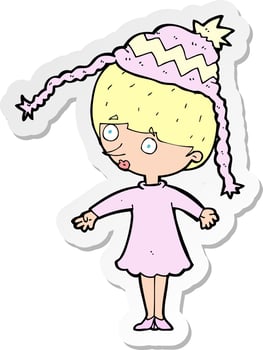 sticker of a cartoon woman wearing winter hat vector