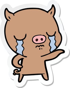 sticker of a cartoon pig crying pointing vector