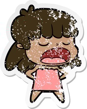 distressed sticker of a cartoon woman talking loudly vector