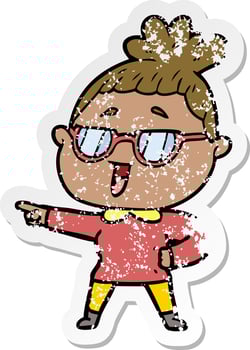 distressed sticker of a cartoon happy woman wearing spectacles vector