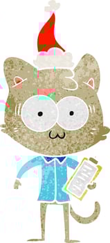 retro cartoon of a surprised office worker cat wearing santa hat vector