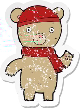 retro distressed sticker of a cartoon waving teddy bear vector
