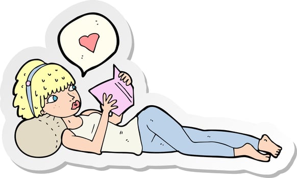 sticker of a cartoon woman loving her book vector