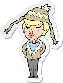 sticker of a cartoon woman wearing winter hat vector