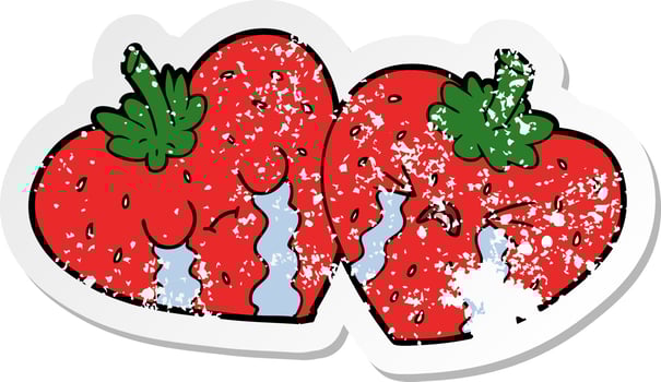 distressed sticker of a cartoon strawberries vector