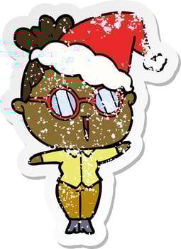 distressed sticker cartoon of a woman wearing spectacles wearing santa hat vector