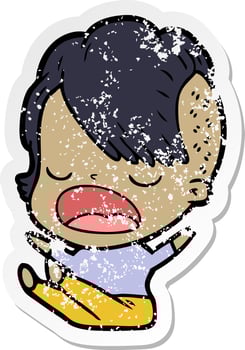distressed sticker of a cartoon cool hipster girl talking vector