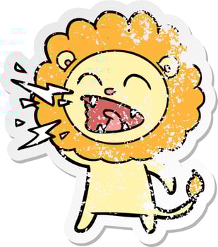 distressed sticker of a cartoon roaring lion vector
