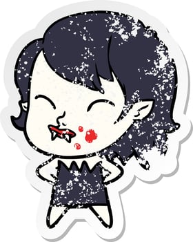 distressed sticker of a cartoon vampire girl with blood on cheek vector
