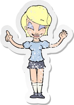 retro distressed sticker of a cartoon pretty girl with idea vector
