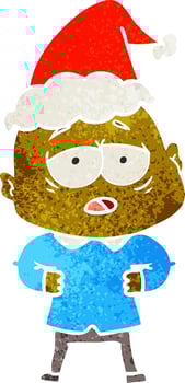 retro cartoon of a tired bald man wearing santa hat vector