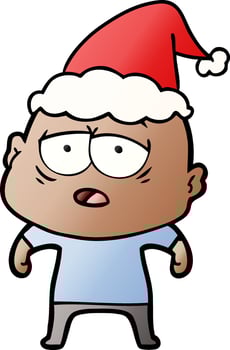 gradient cartoon of a tired bald man wearing santa hat vector