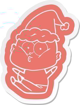 cartoon  sticker of a bald man staring wearing santa hat vector