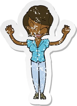 retro distressed sticker of a cartoon pretty woman with hands in air vector