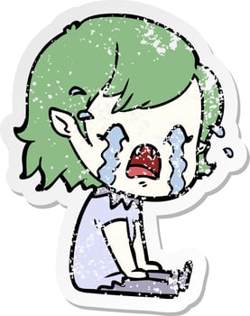 distressed sticker of a cartoon crying vampire girl vector