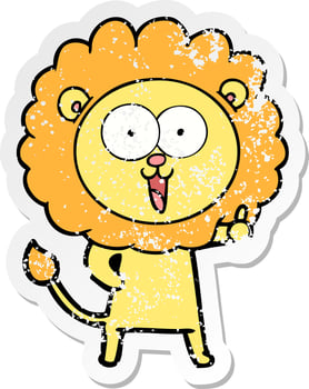 distressed sticker of a happy cartoon lion vector