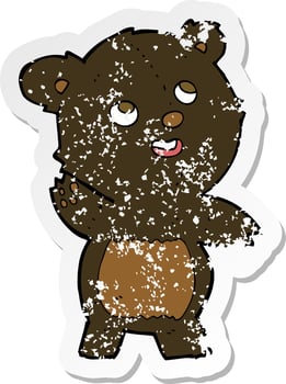 retro distressed sticker of a cartoon cute waving black bear teddy vector