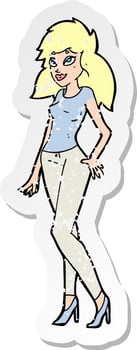 retro distressed sticker of a cartoon pretty woman vector