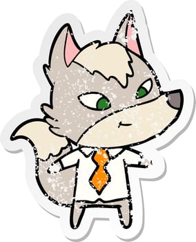 distressed sticker of a friendly cartoon wolf manager vector