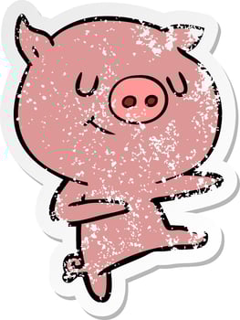 distressed sticker of a happy cartoon pig dancing vector