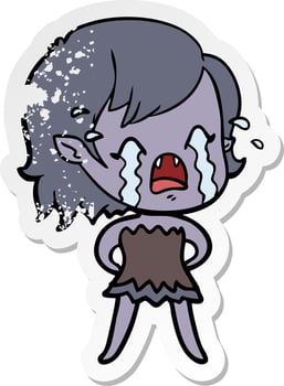distressed sticker of a cartoon crying vampire girl vector