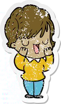 distressed sticker of a cartoon woman talking vector