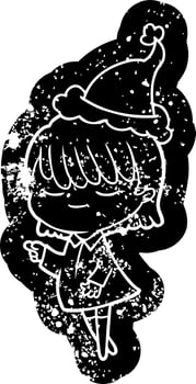 cartoon distressed icon of a woman wearing santa hat vector
