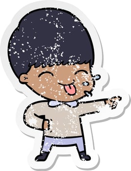 distressed sticker of a cartoon boy sticking out tongue vector