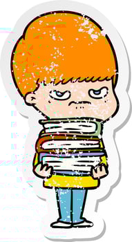 distressed sticker of a angry cartoon boy with books vector