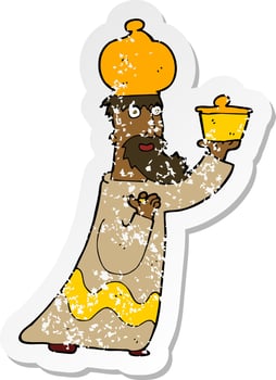 retro distressed sticker of a one of the three wise men vector