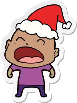 sticker cartoon of a shouting bald man wearing santa hat vector