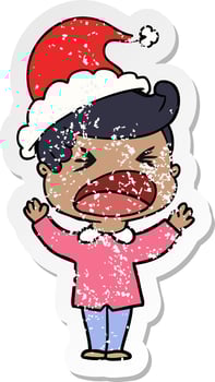 distressed sticker cartoon of a shouting man wearing santa hat vector