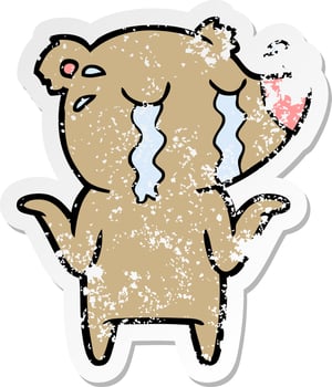 distressed sticker of a cartoon crying bear vector