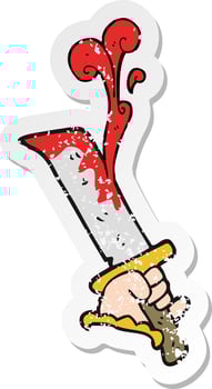 retro distressed sticker of a cartoon hand with bloody dagger vector