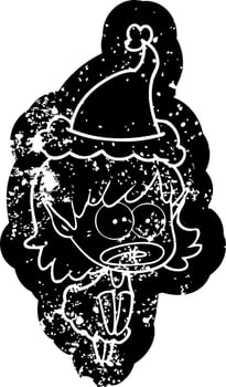 cartoon distressed icon of a shocked elf girl wearing santa hat vector