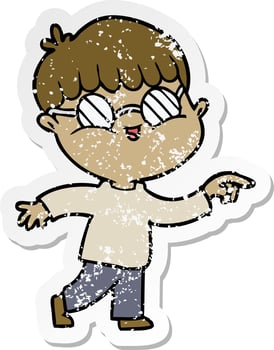 distressed sticker of a cartoon boy wearing spectacles vector