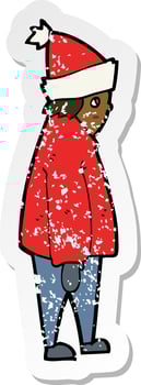 retro distressed sticker of a cartoon person in winter clothes vector