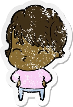 distressed sticker of a cartoon woman thinking vector