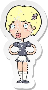 retro distressed sticker of a cartoon woman in french maid outfit vector